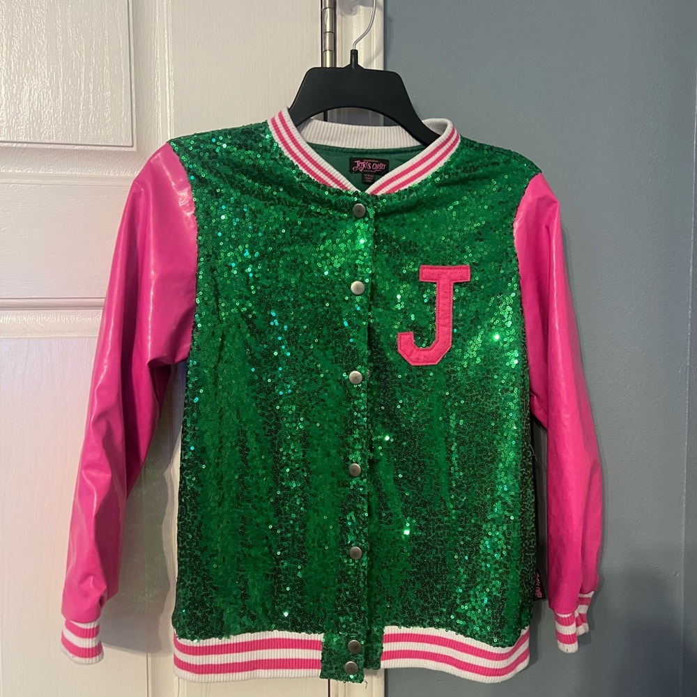 JoJo Siwa Green Sequins and Pink Varsity Style Jacket XL